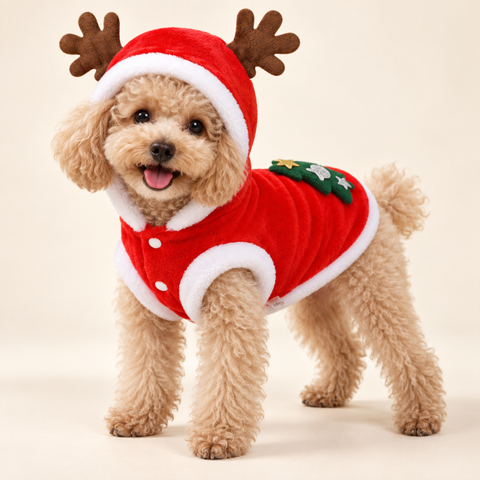 Reindeer Christmas Pet Coat – Hooded with Antlers